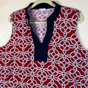 Talbots Red and White Sleeveless Dress with Navy Split-Neck Collar 2X‎